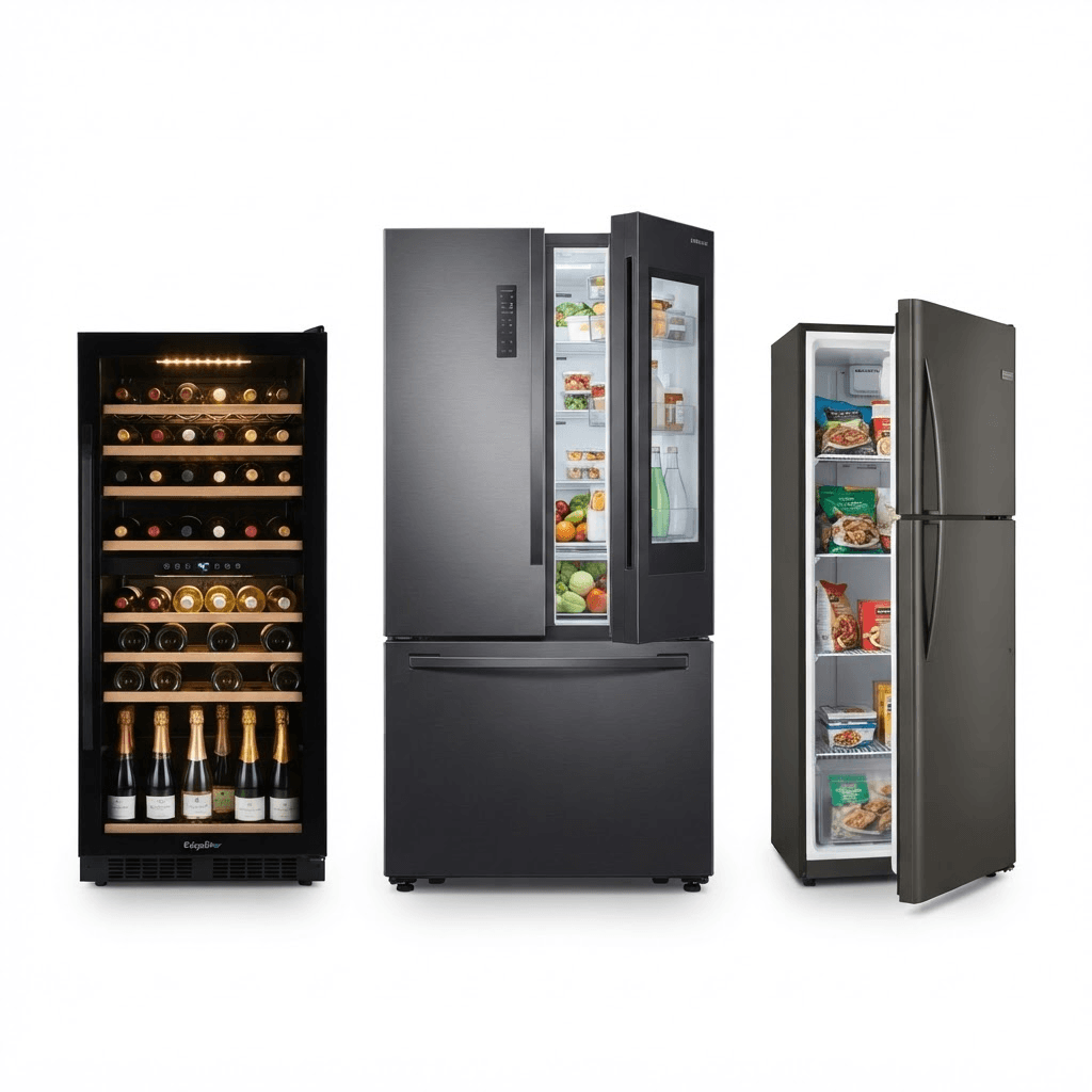 A French-door fridge, wine fridge and upright freezer