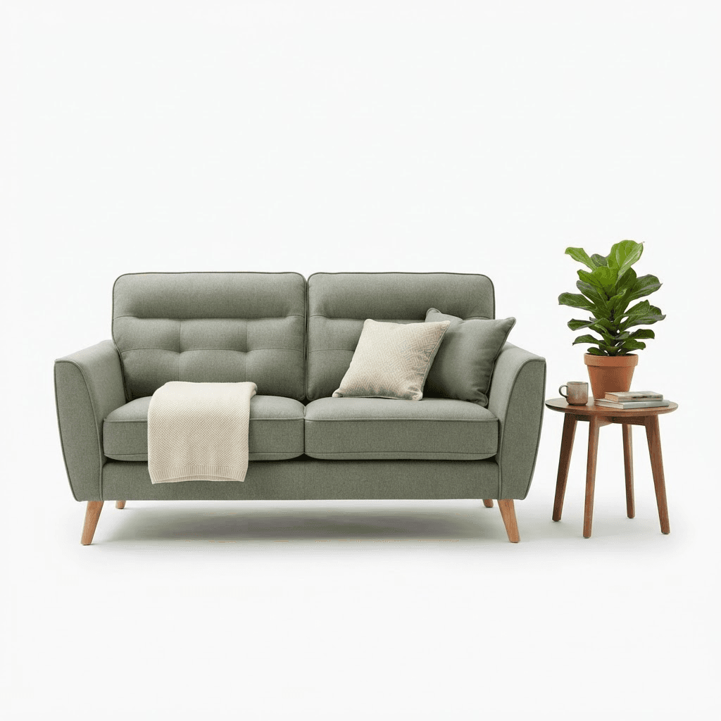 A green two-seater sofa and a side table with a plant