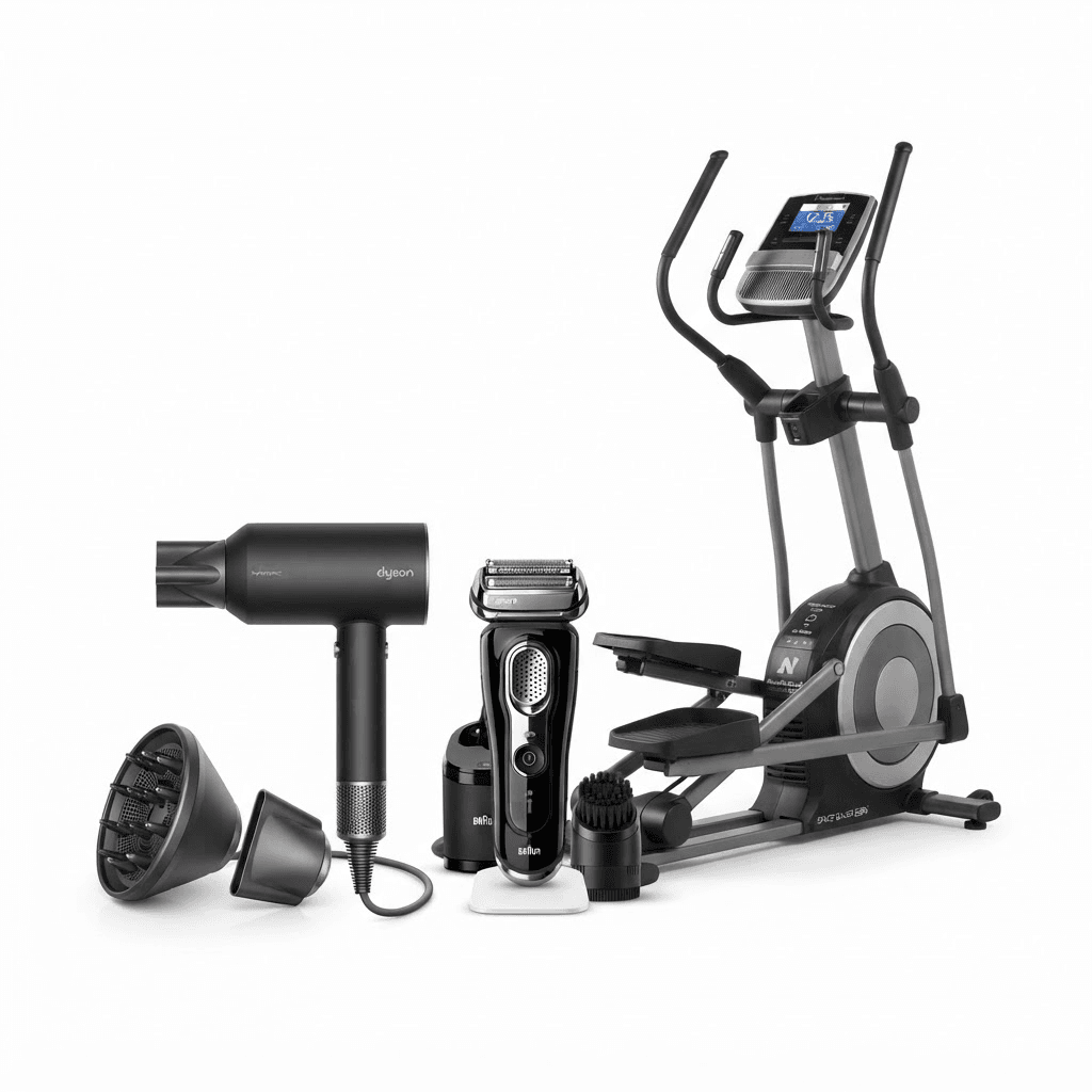 A hair dryer, electric shaver and elliptical cross-trainer