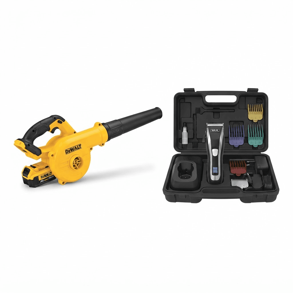 A cordless leaf blower and pet grooming clippers