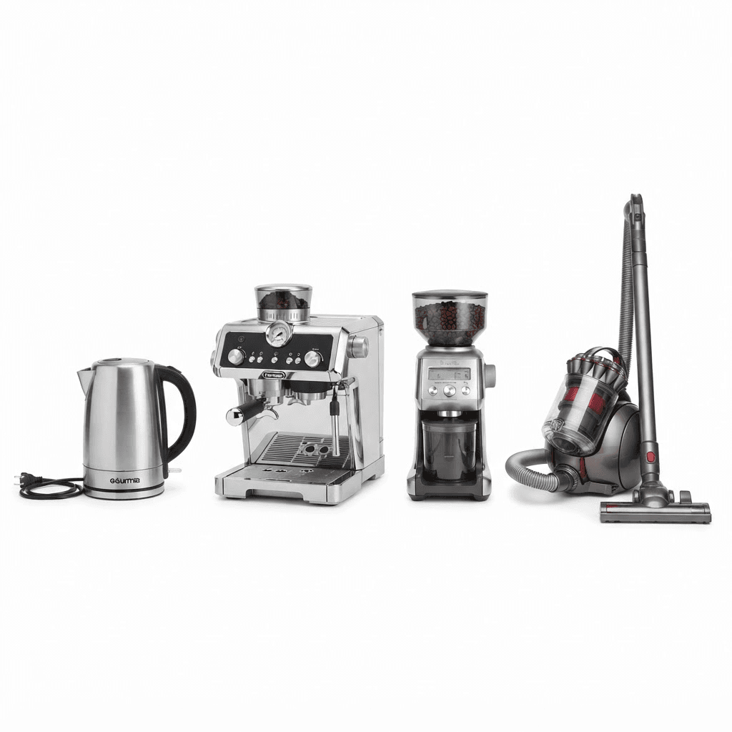 A kettle, espresso machine, grinder and vacuum cleaner
