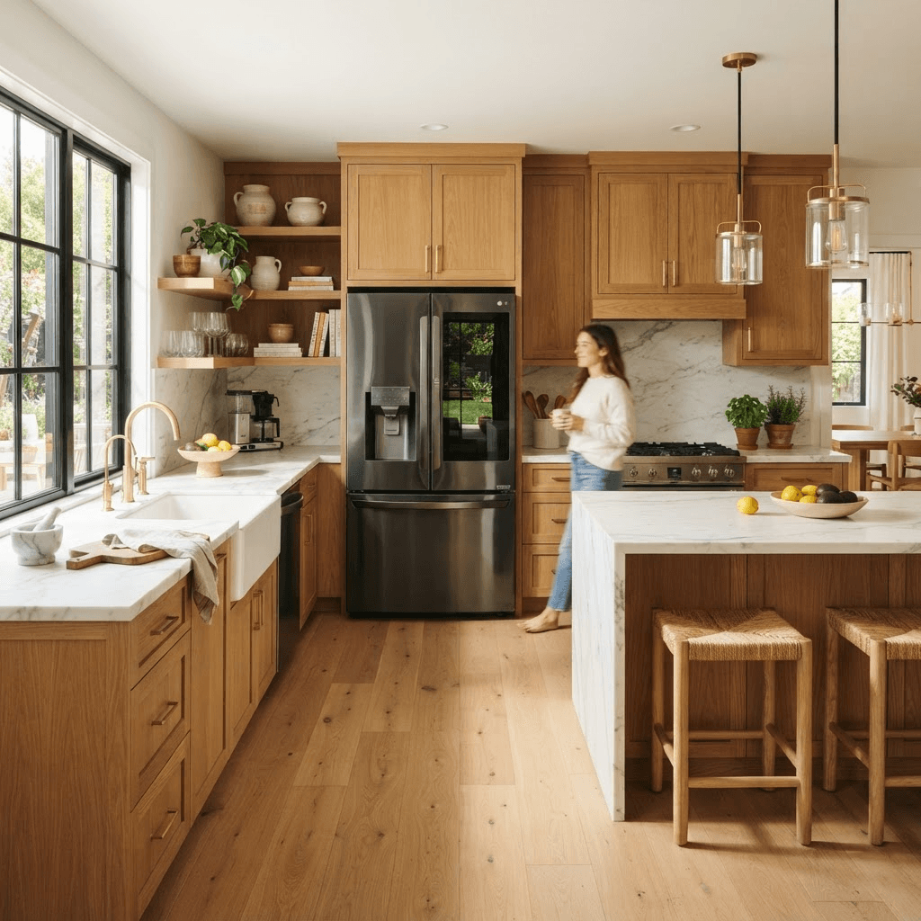 A modern kitchen with a stainless steel French-door fridge